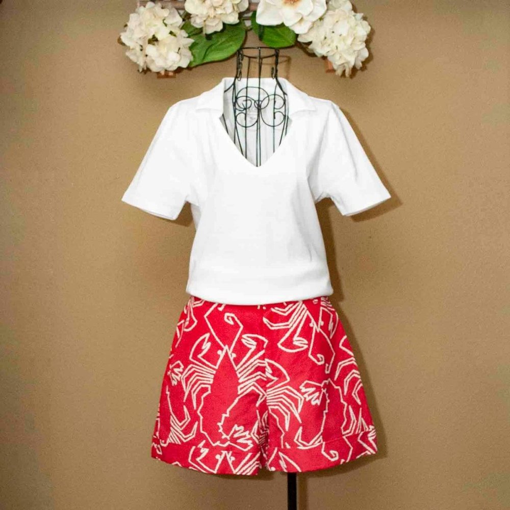 NWT Tyler Boe High Waist Cuffed Linen Blend Shorts in Red and White size…